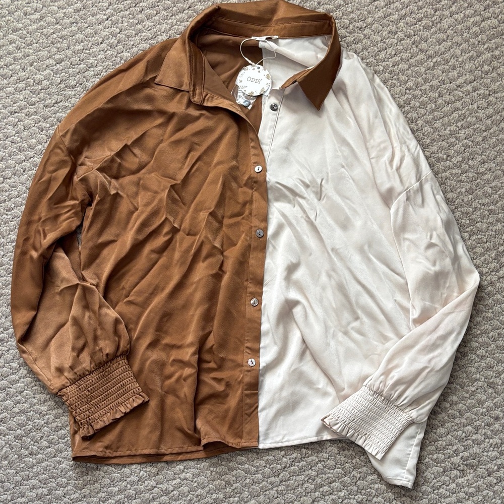 Two-Tone Brown and White Button-Up Shirt